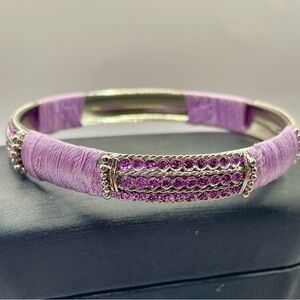Purple Thread Textured Bangle Bracelet with Rhinestone Accents-Silver tone